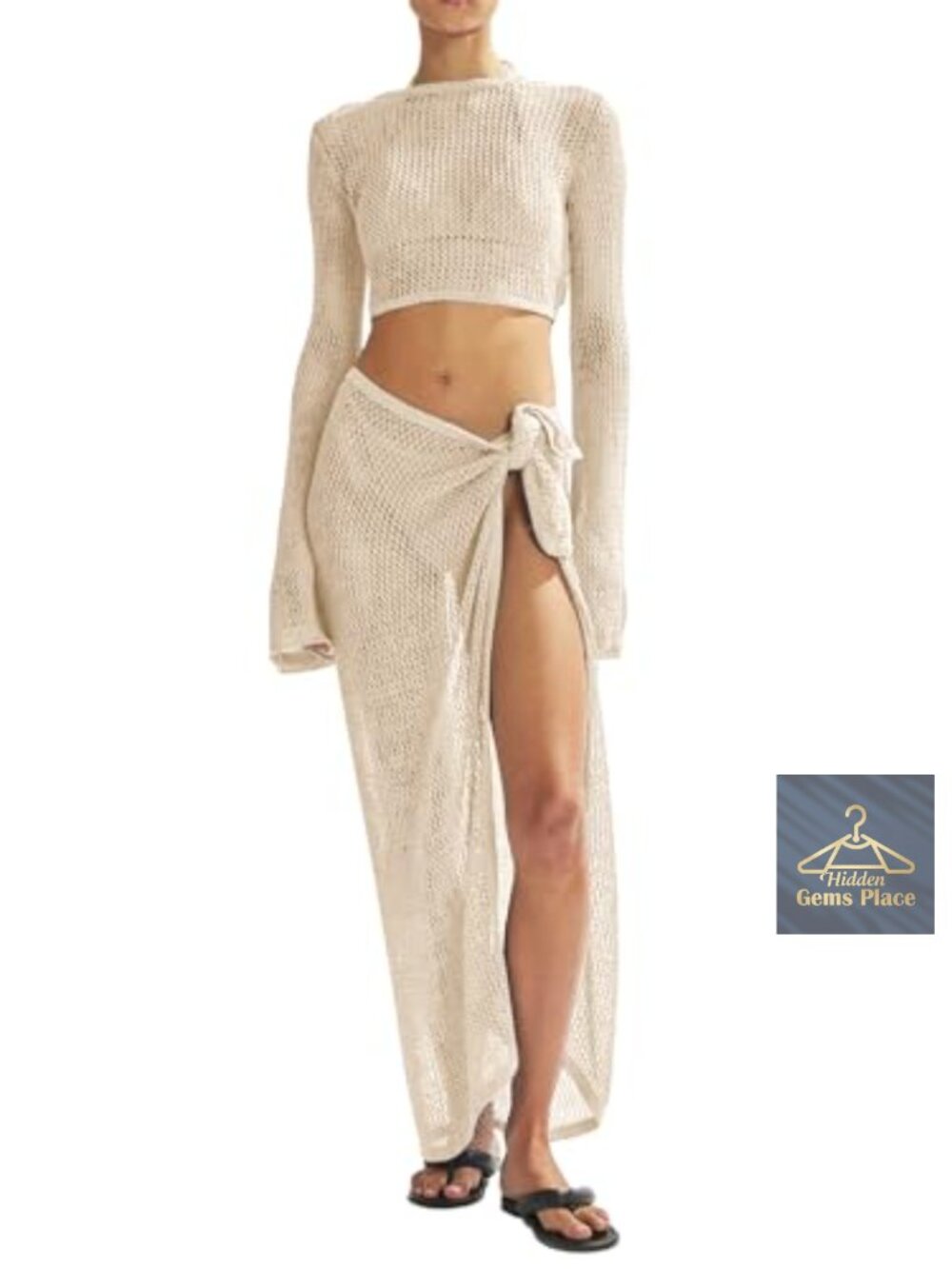 Womens Crochet Swimsuit Cover Up Set Long Sleeve Beach Skirt